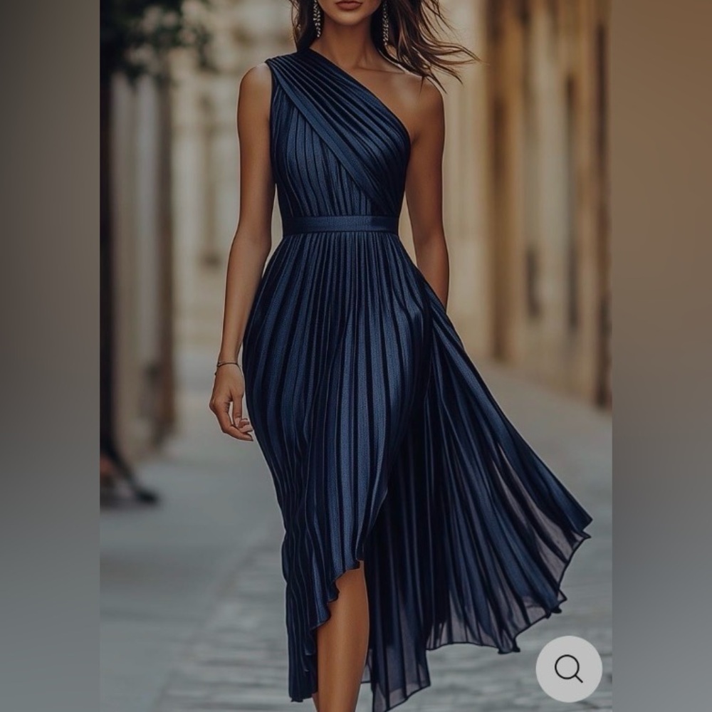 Elegant One-Shoulder Navy Pleated Midi Dress